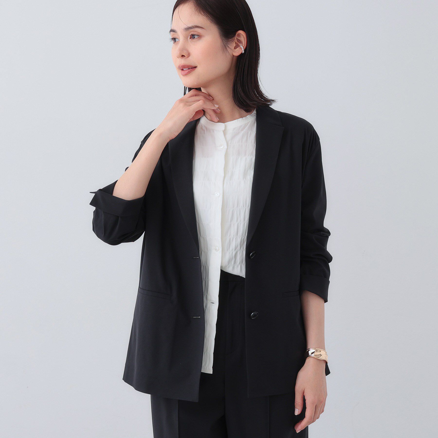 INDIVI「【日本製／SETUP可能】コットン混カーディガンライクジャケット」|スーツ|ブラック(019)