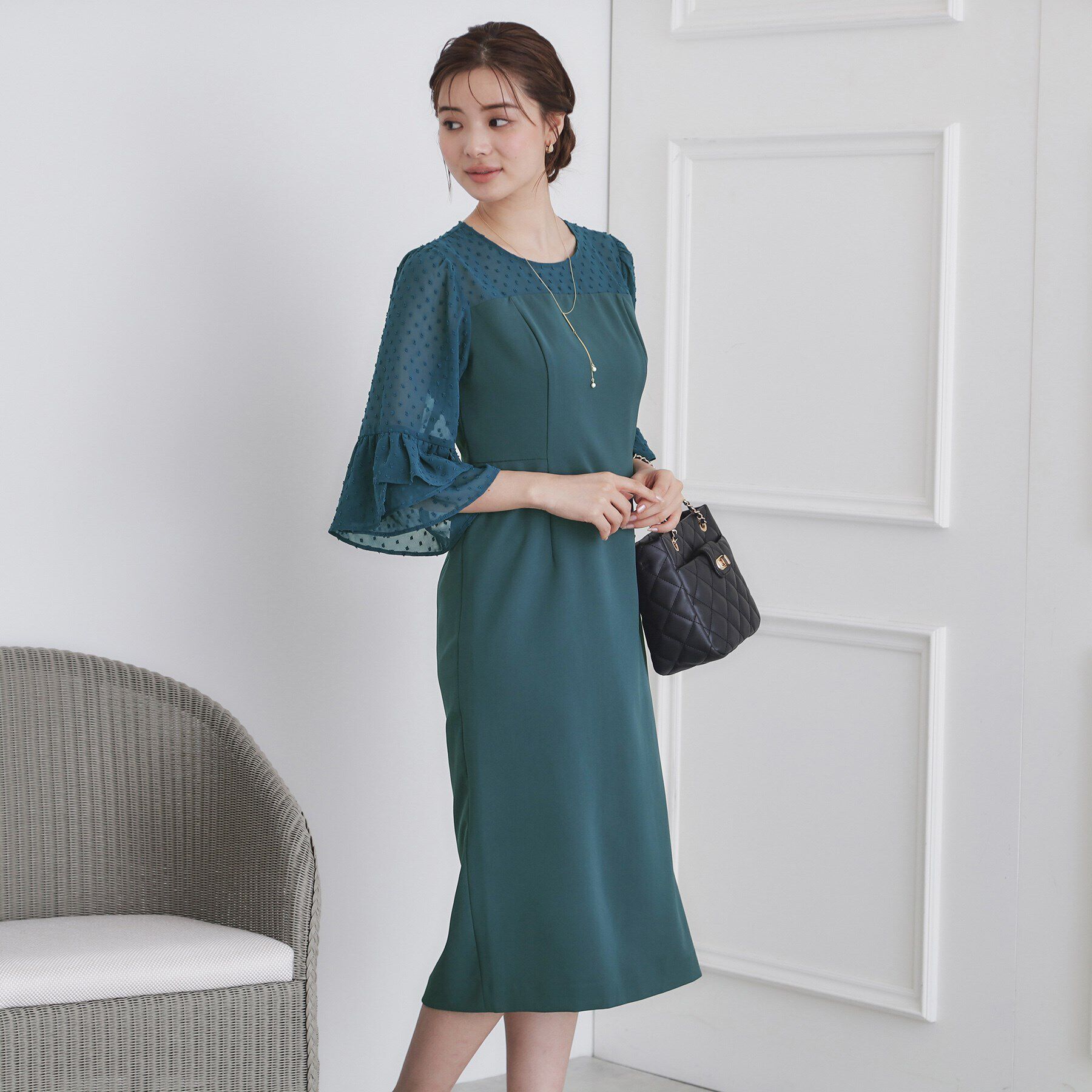index「ドッド柄フリルスリーブワンピース【洗濯機洗い可/イージーアイロン】」|ワンピース|ブルーグリーン(09