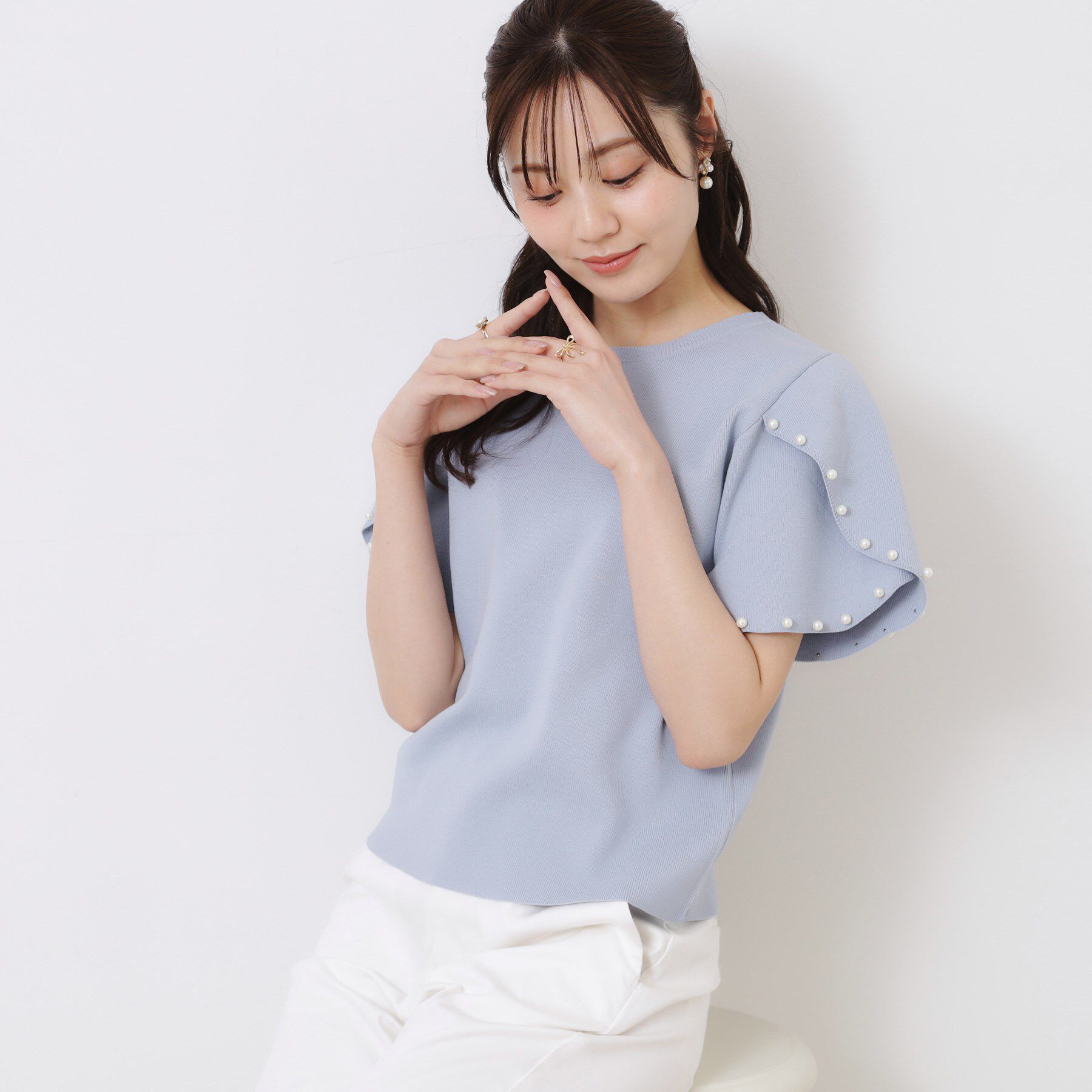 Couture broach「【一枚でキマる・華やか】パール調付チューリップ袖ニット」|ニット・セーター|