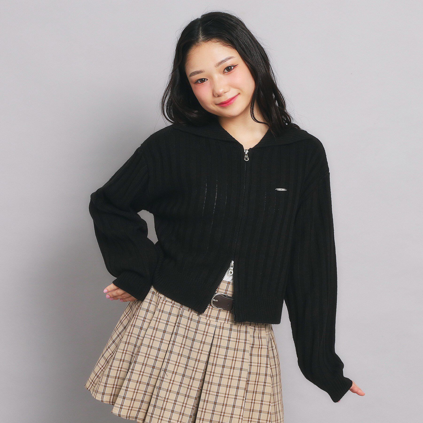 PINK-latte「ダブルジップビッグカラーニット」|カーディガン|ブラック(019)