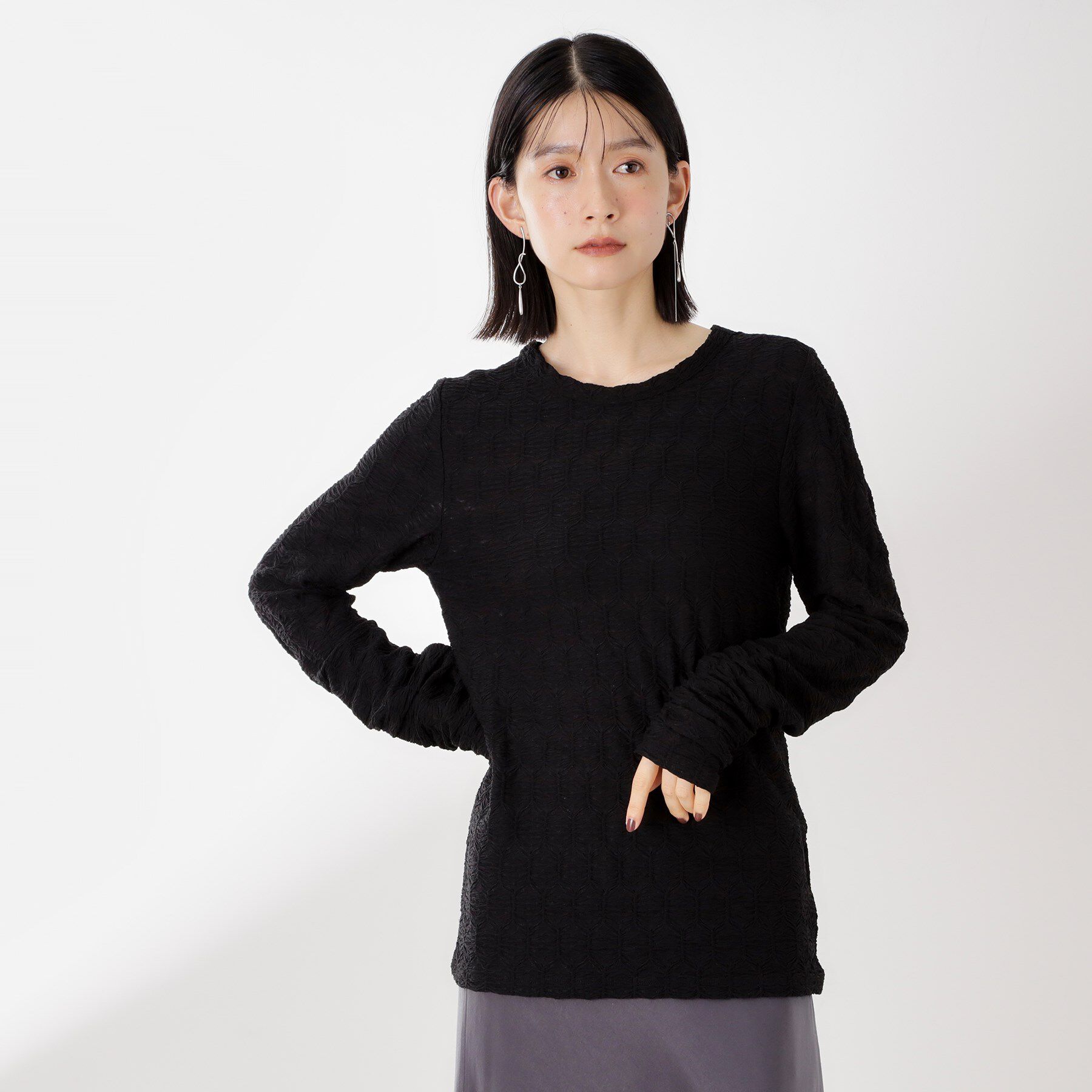 THE SHOP TK「ウェーブシアー袖クシュプルオーバー【洗濯機OK】」|Tシャツ・カットソー|ブラック(019)