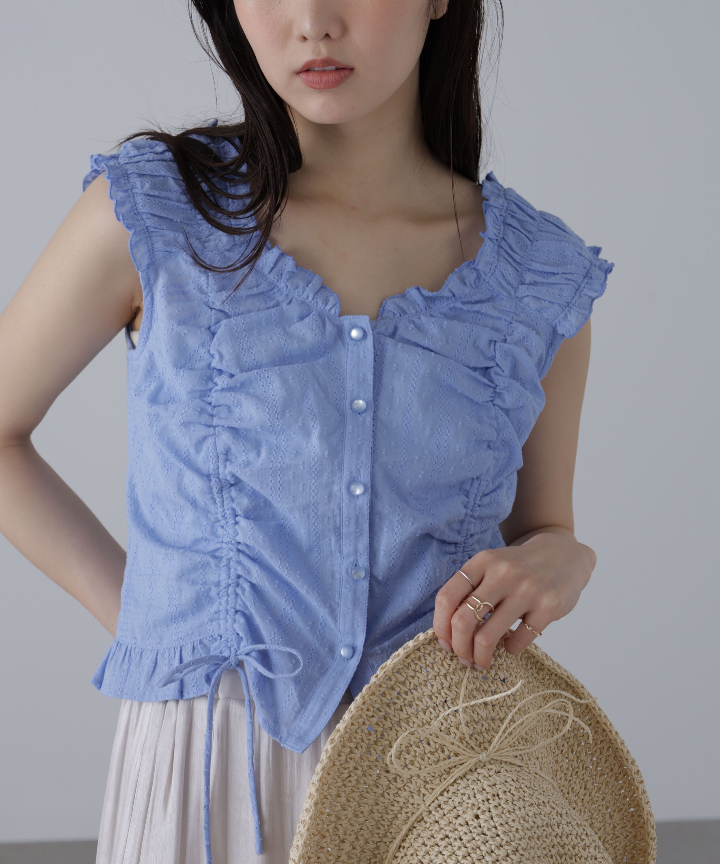  「ドロストリボンフレンチブラウス」|シャツ・ブラウス|ブルー