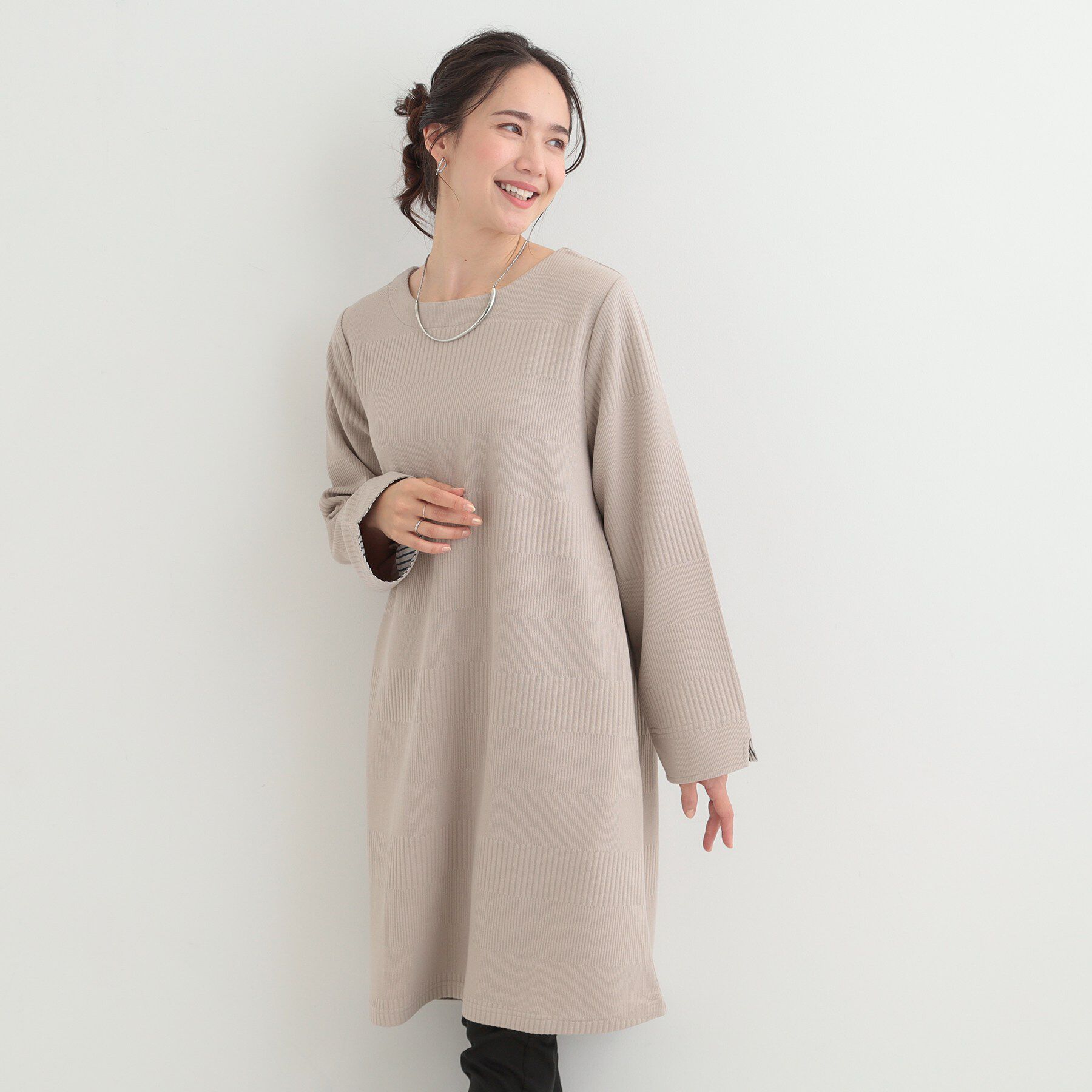 SHOO･LA･RUE「【体型カバー/洗濯機可/S-LL】お袖ストライプAラインチュニック」|チュニック|