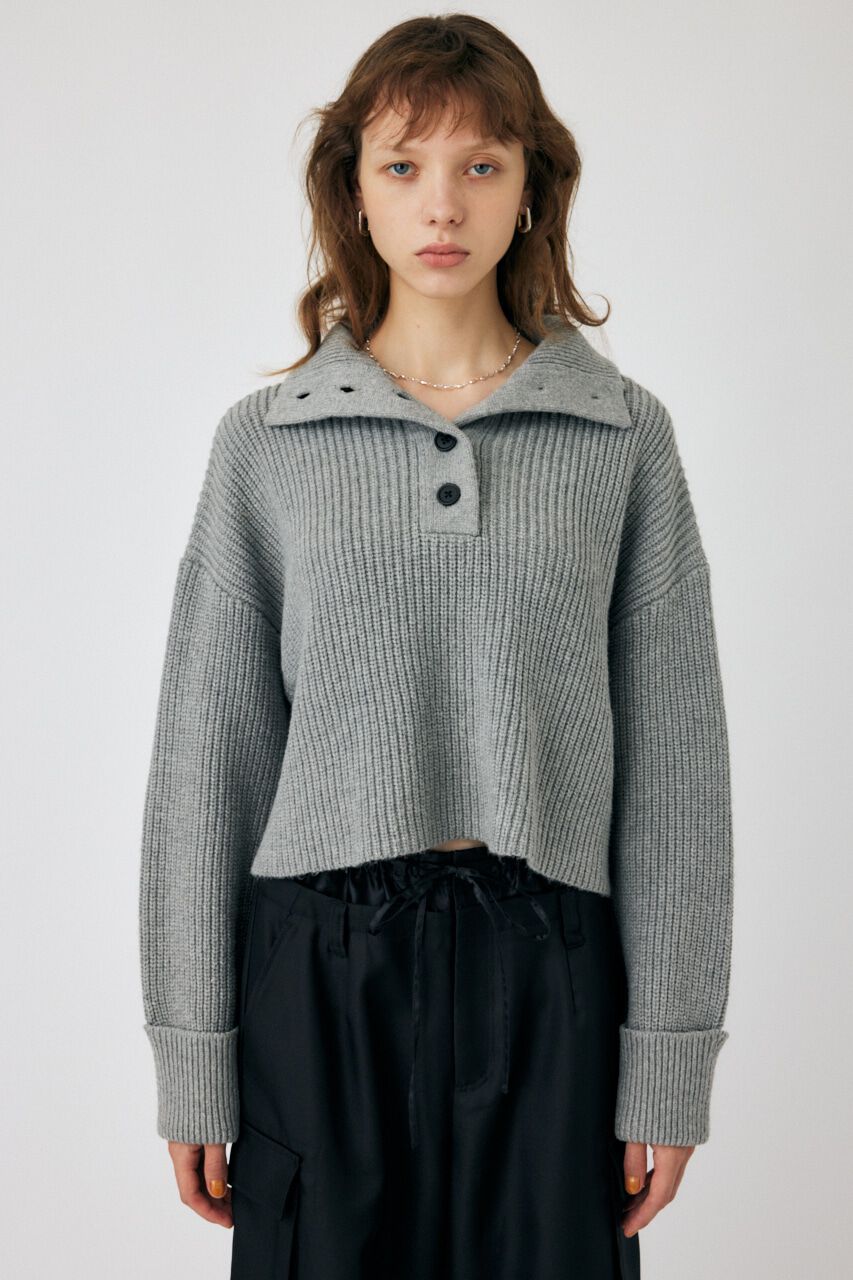 MOUSSY「BUTTON UP HI NECK KNIT トップス」|ニット・セーター|GRY