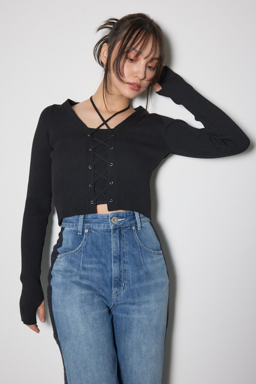 rienda「レースアップリブニットトップス」|ニット・セーター|