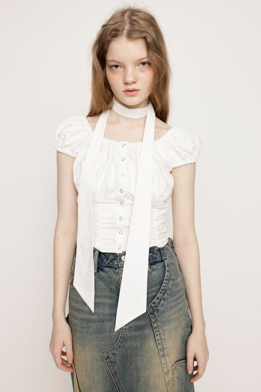 SLY「FRONT BUTTON GATHER TIE トップス」|シャツ・ブラウス|O/WHT1