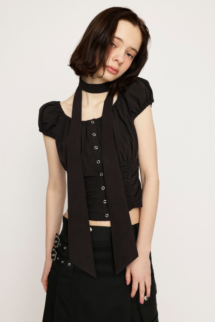 SLY「FRONT BUTTON GATHER TIE トップス」|シャツ・ブラウス|BLK