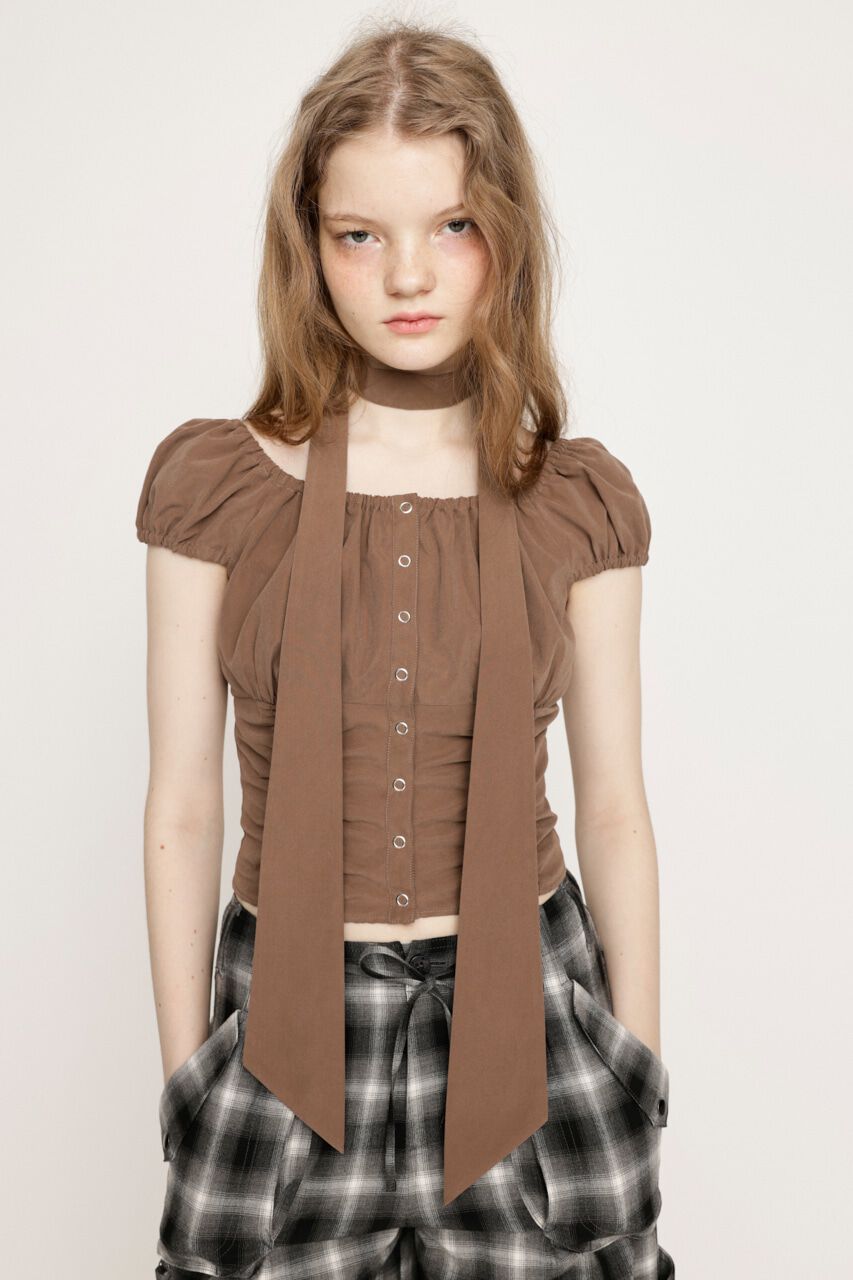 SLY「FRONT BUTTON GATHER TIE トップス」|シャツ・ブラウス|BRN