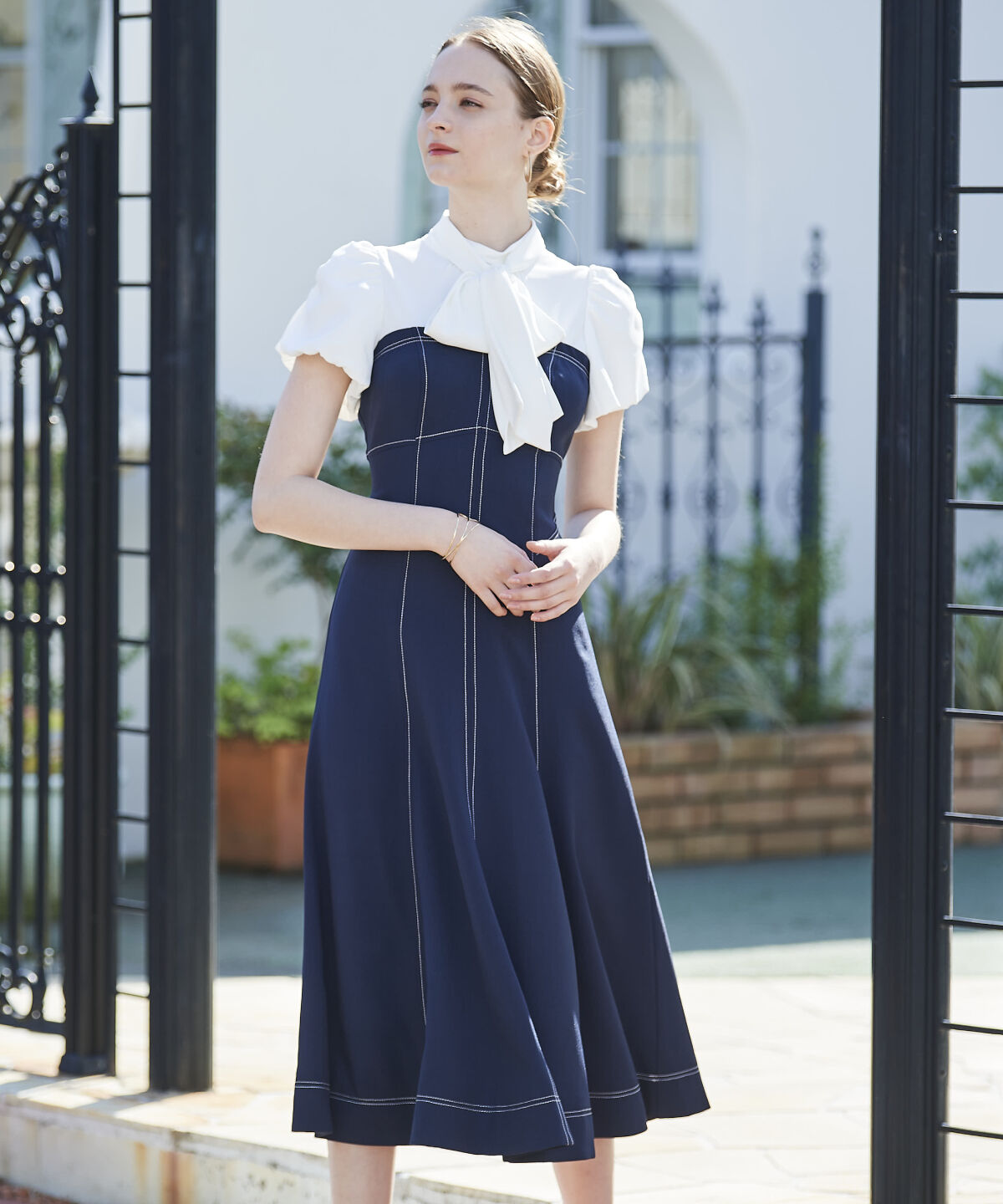 アンドクチュール「ヨーク切替バルーンスリーブシャツワンピース」|ワンピース|