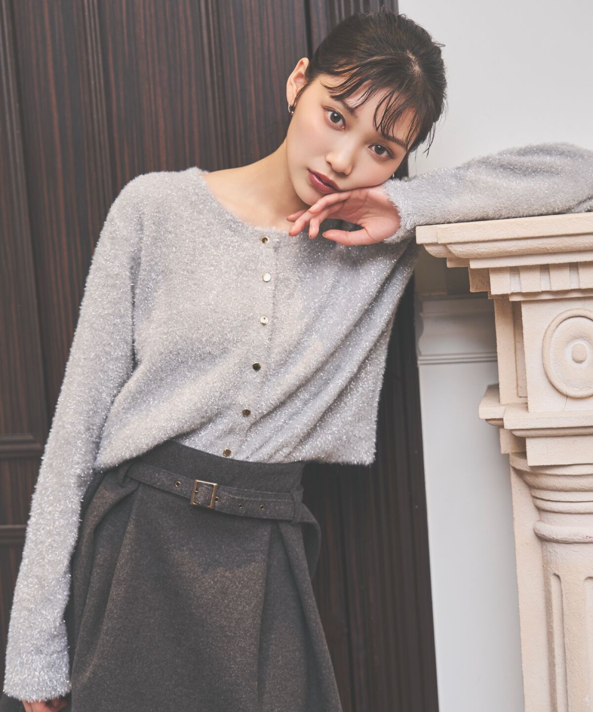 アンドクチュール「ラメシャギーニットカーディガン」|カーディガン|ライトグレー