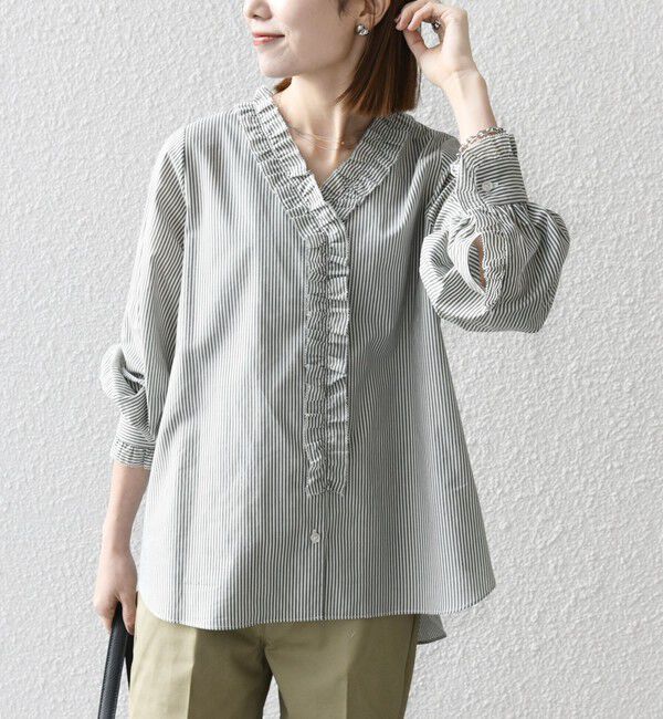 SHIPS any「SHIPS any:〈手洗い可能〉ストライプ フリル Vネック シャツ ブラウス」|シャツ・ブラウス|