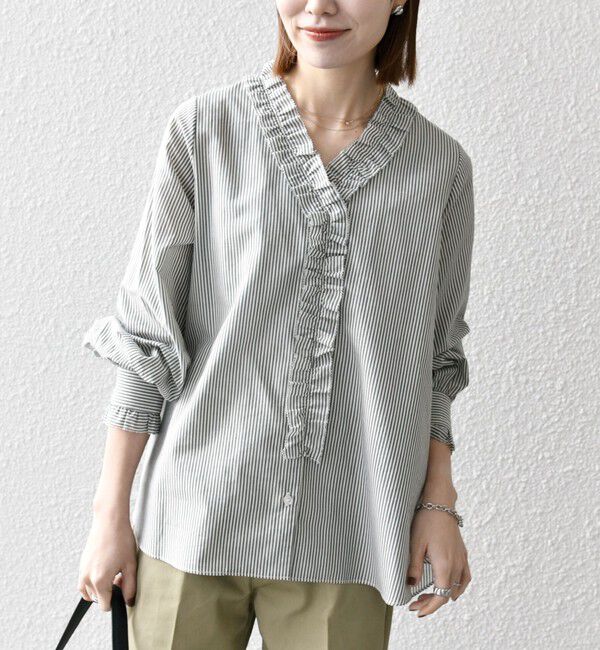 SHIPS any「SHIPS any:〈手洗い可能〉ストライプ フリル Vネック シャツ ブラウス」|シャツ・ブラウス|