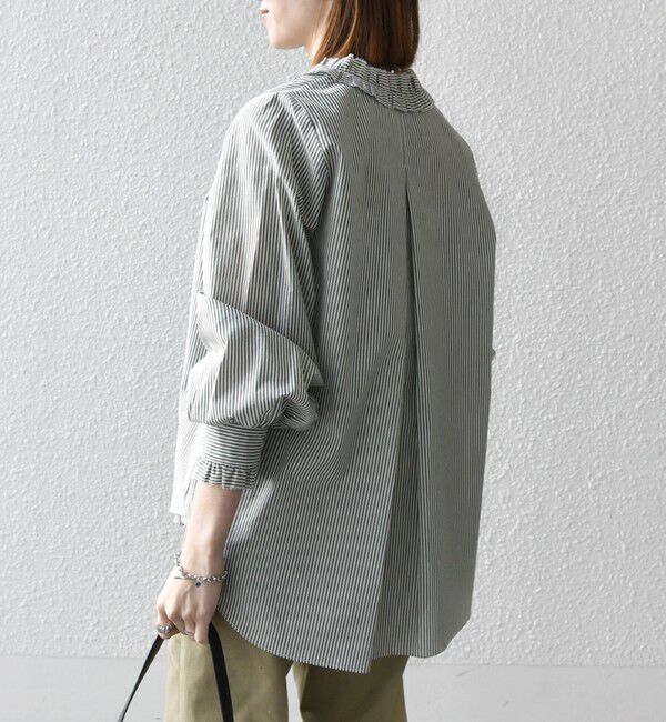 SHIPS any「SHIPS any:〈手洗い可能〉ストライプ フリル Vネック シャツ ブラウス」|シャツ・ブラウス|