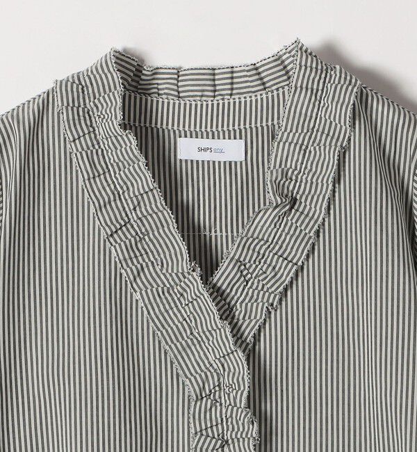 SHIPS any「SHIPS any:〈手洗い可能〉ストライプ フリル Vネック シャツ ブラウス」|シャツ・ブラウス|