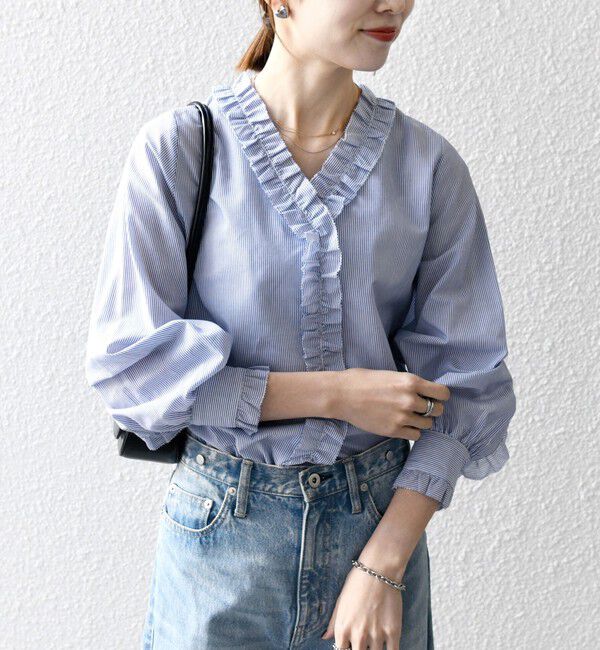 SHIPS any「SHIPS any:〈手洗い可能〉ストライプ フリル Vネック シャツ ブラウス」|シャツ・ブラウス|