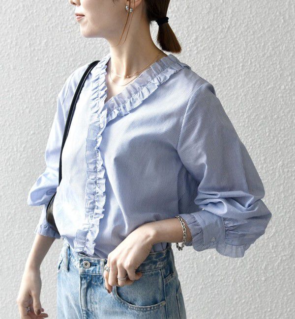 SHIPS any「SHIPS any:〈手洗い可能〉ストライプ フリル Vネック シャツ ブラウス」|シャツ・ブラウス|