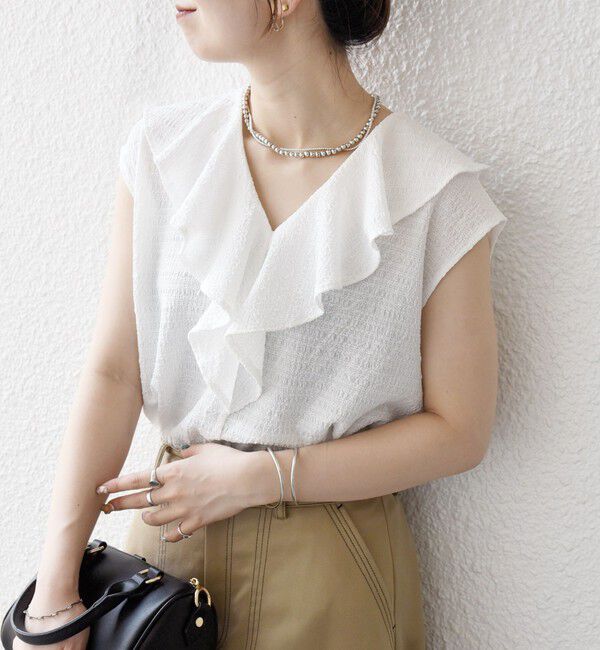 SHIPS any「SHIPS any:〈洗濯機可能〉シアー ジャージー ラッフル フレンチ カット ブラウス」|シャツ・ブラウス|ホワイト