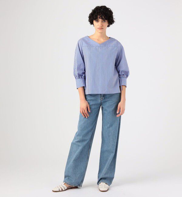 MACPHEE「ストライプシャーリング Vネックブラウス」|シャツ・ブラウス|