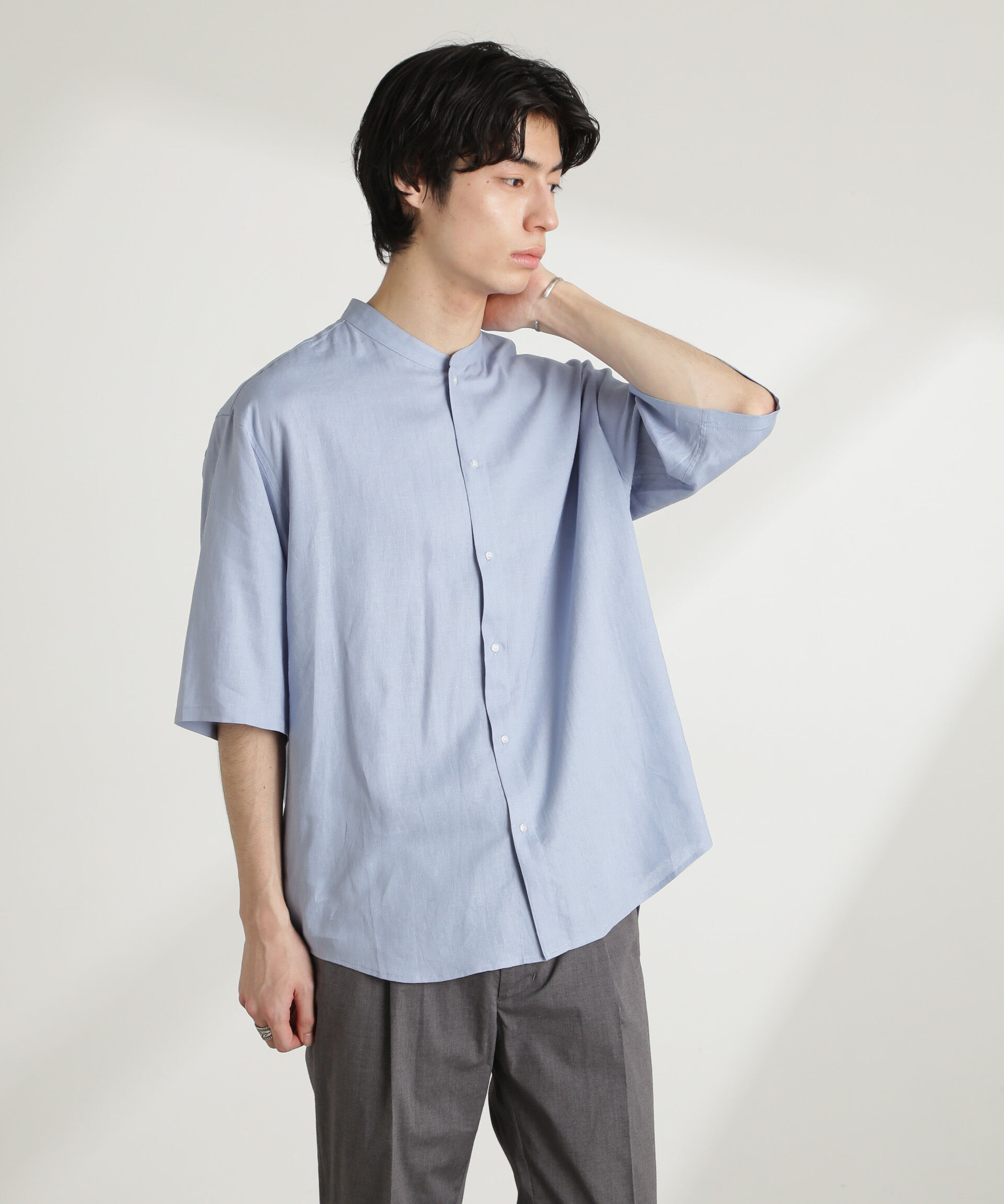 nano･universe「アンチスメルリネン バンドカラーシャツ 半袖」|シャツ・ブラウス|サックス5