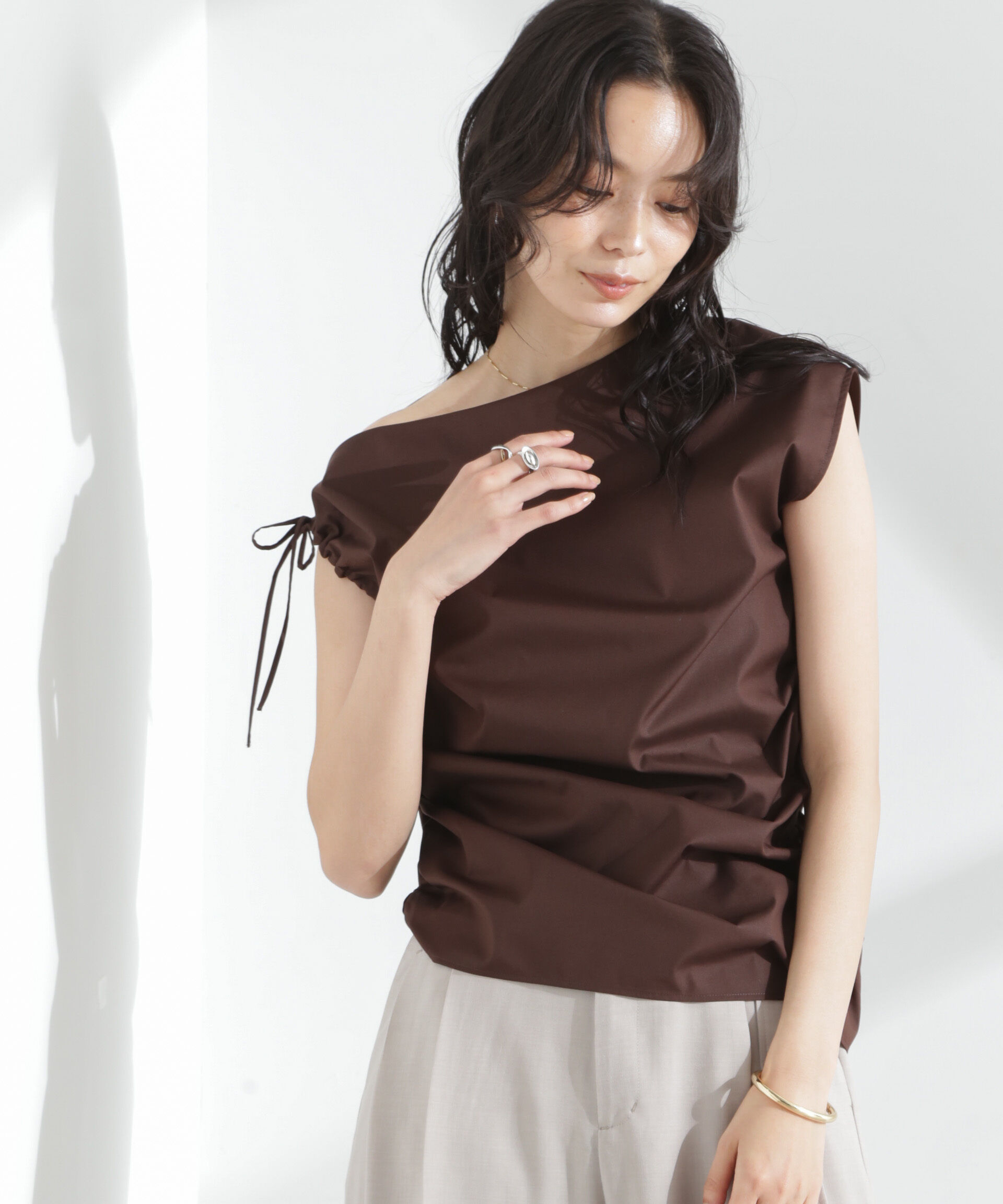 nano･universe「アシンメトリーギャザートップス」|シャツ・ブラウス|