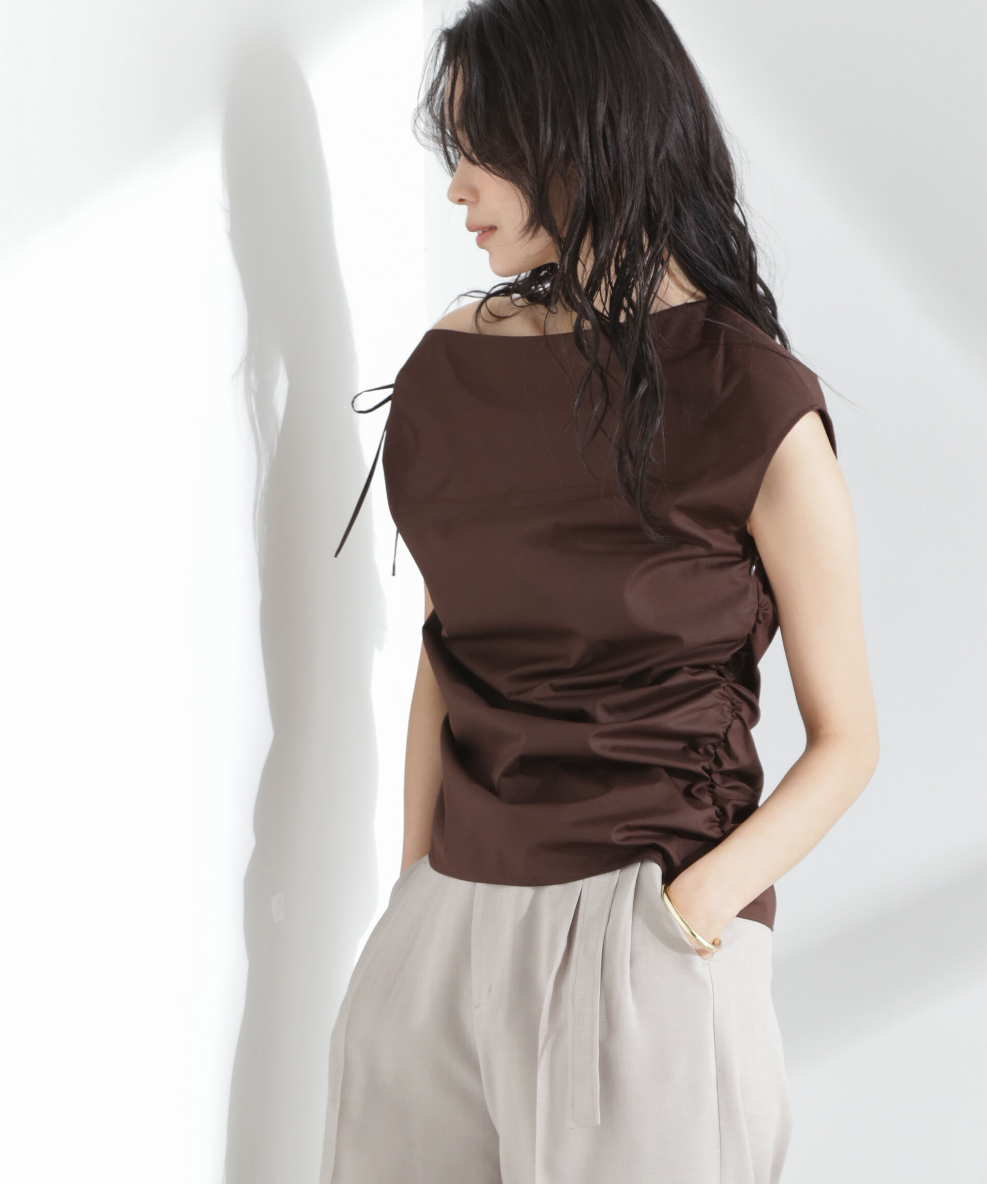 nano･universe「アシンメトリーギャザートップス」|シャツ・ブラウス|