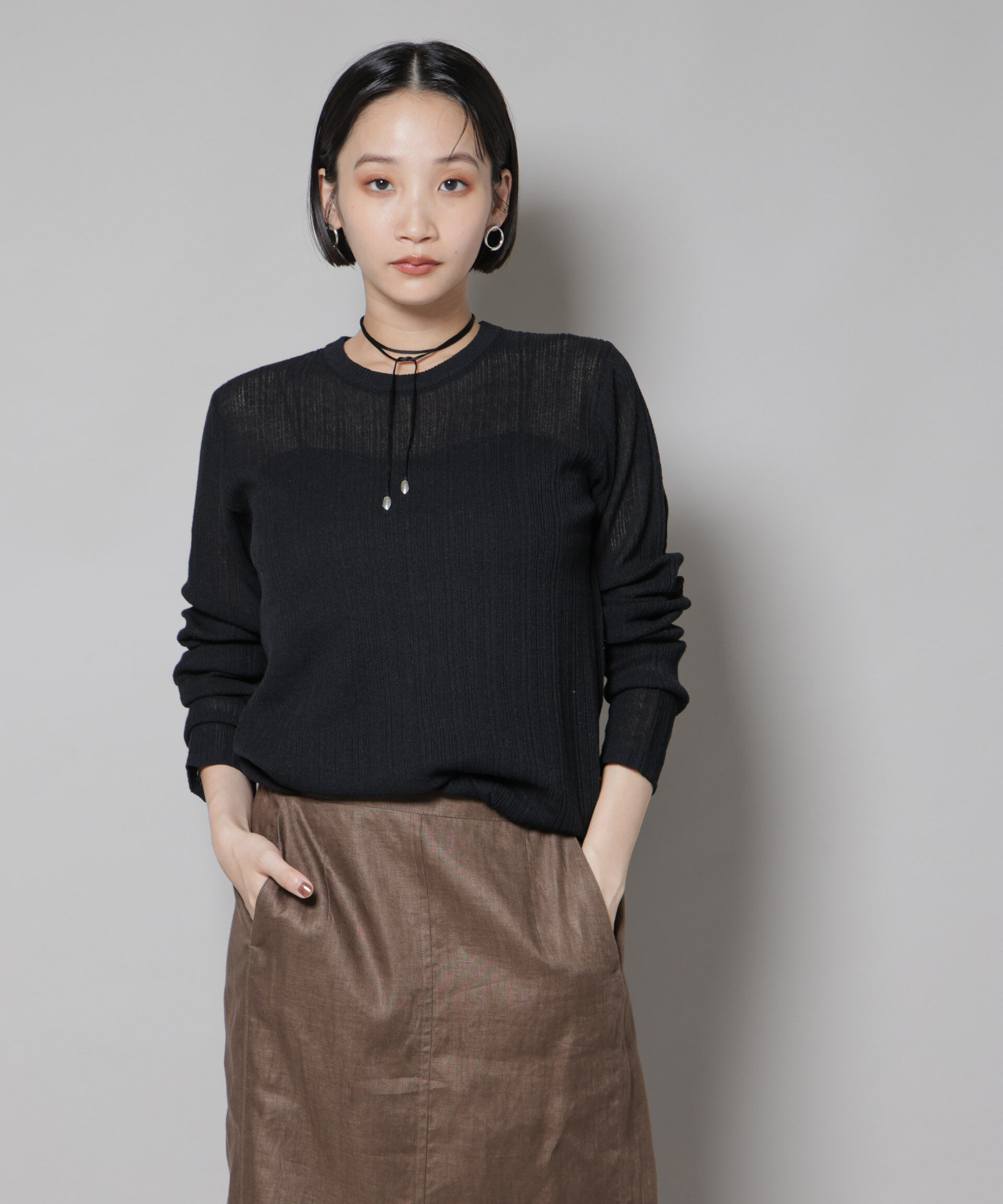 nano･universe「シアーランダムリブクルーネックニット」|ニット・セーター|ブラック