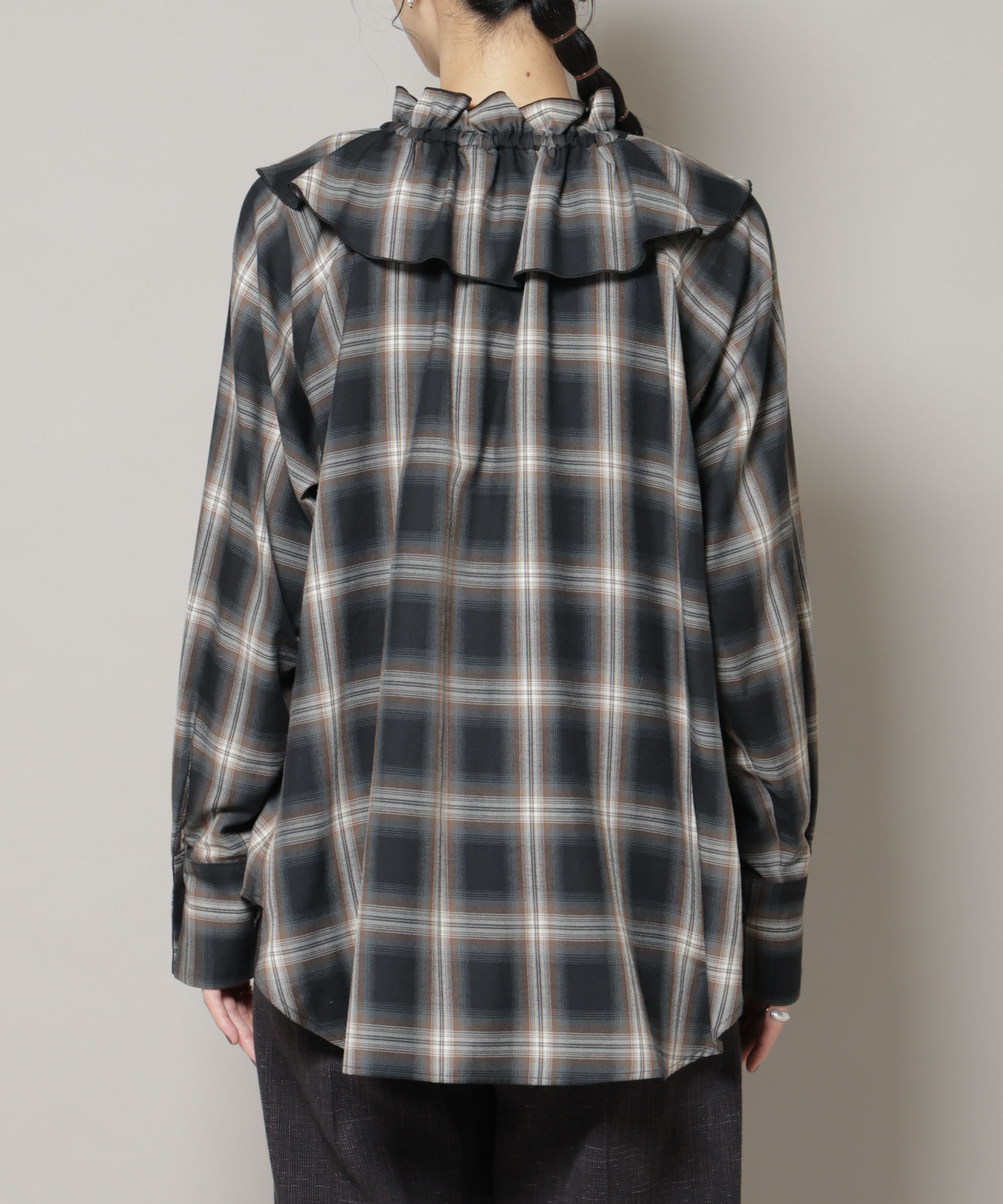 nano･universe「オンブレーチェックフリルカラーブラウス」|シャツ・ブラウス|