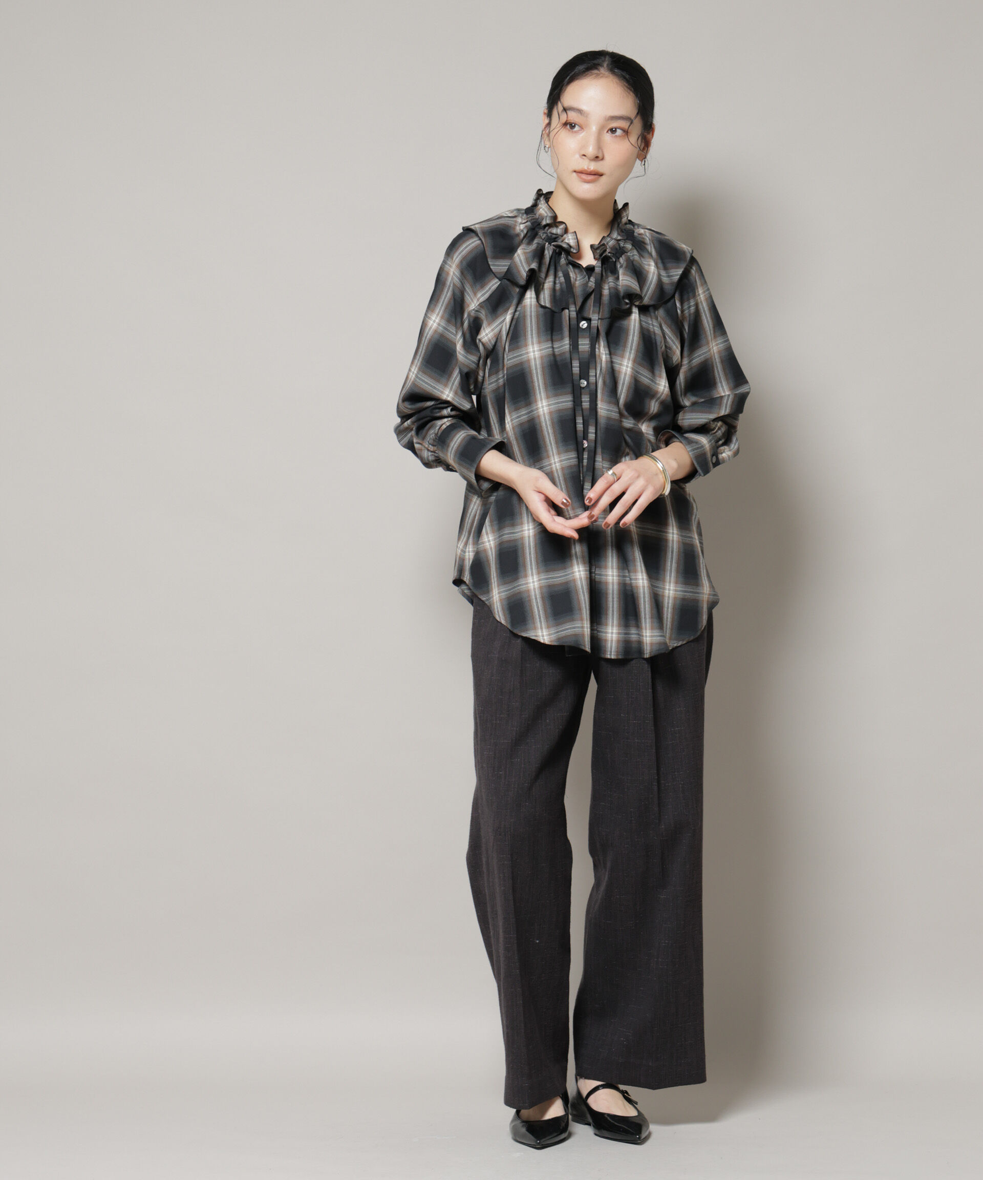 nano･universe「オンブレーチェックフリルカラーブラウス」|シャツ・ブラウス|