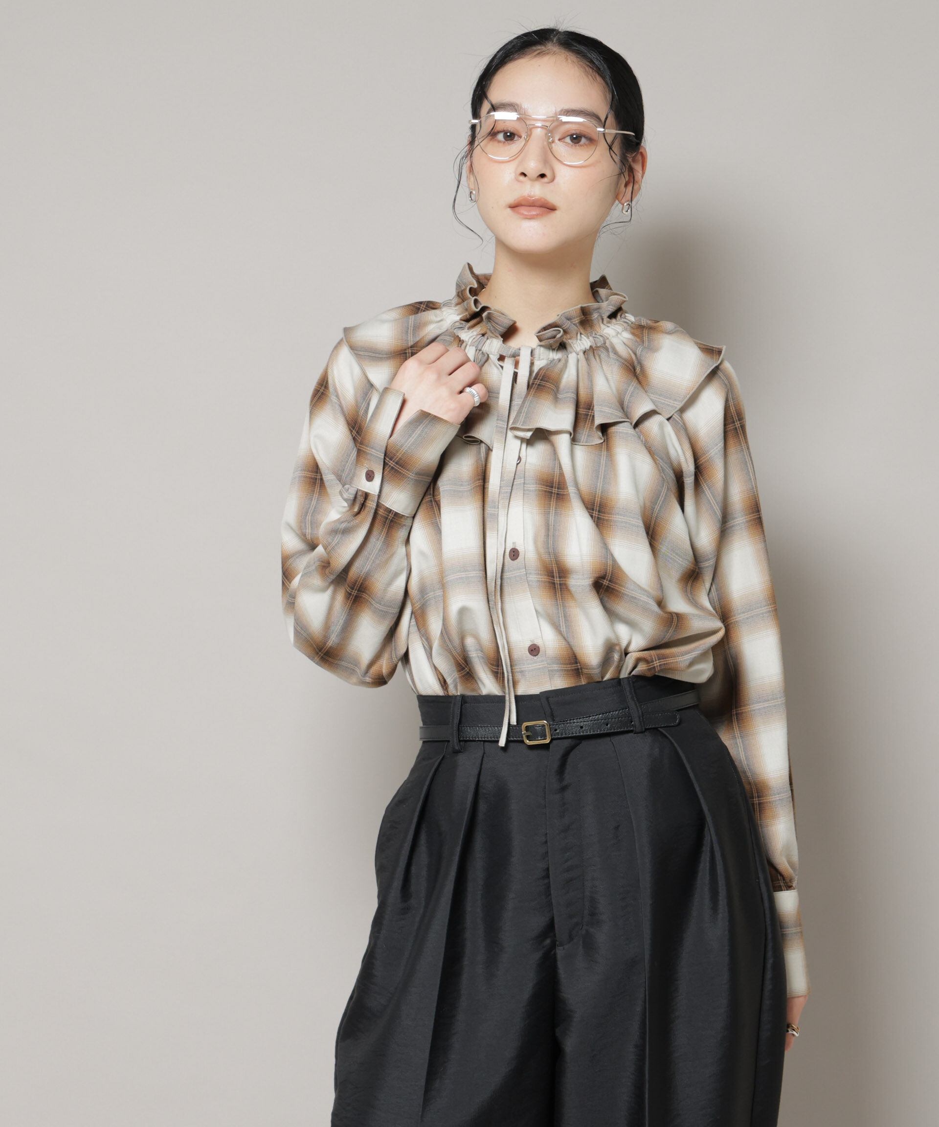 nano･universe「オンブレーチェックフリルカラーブラウス」|シャツ・ブラウス|