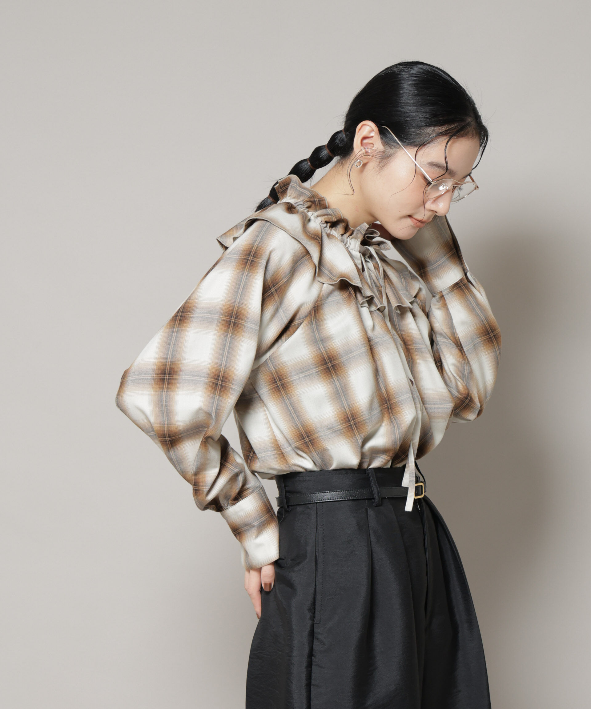 nano･universe「オンブレーチェックフリルカラーブラウス」|シャツ・ブラウス|