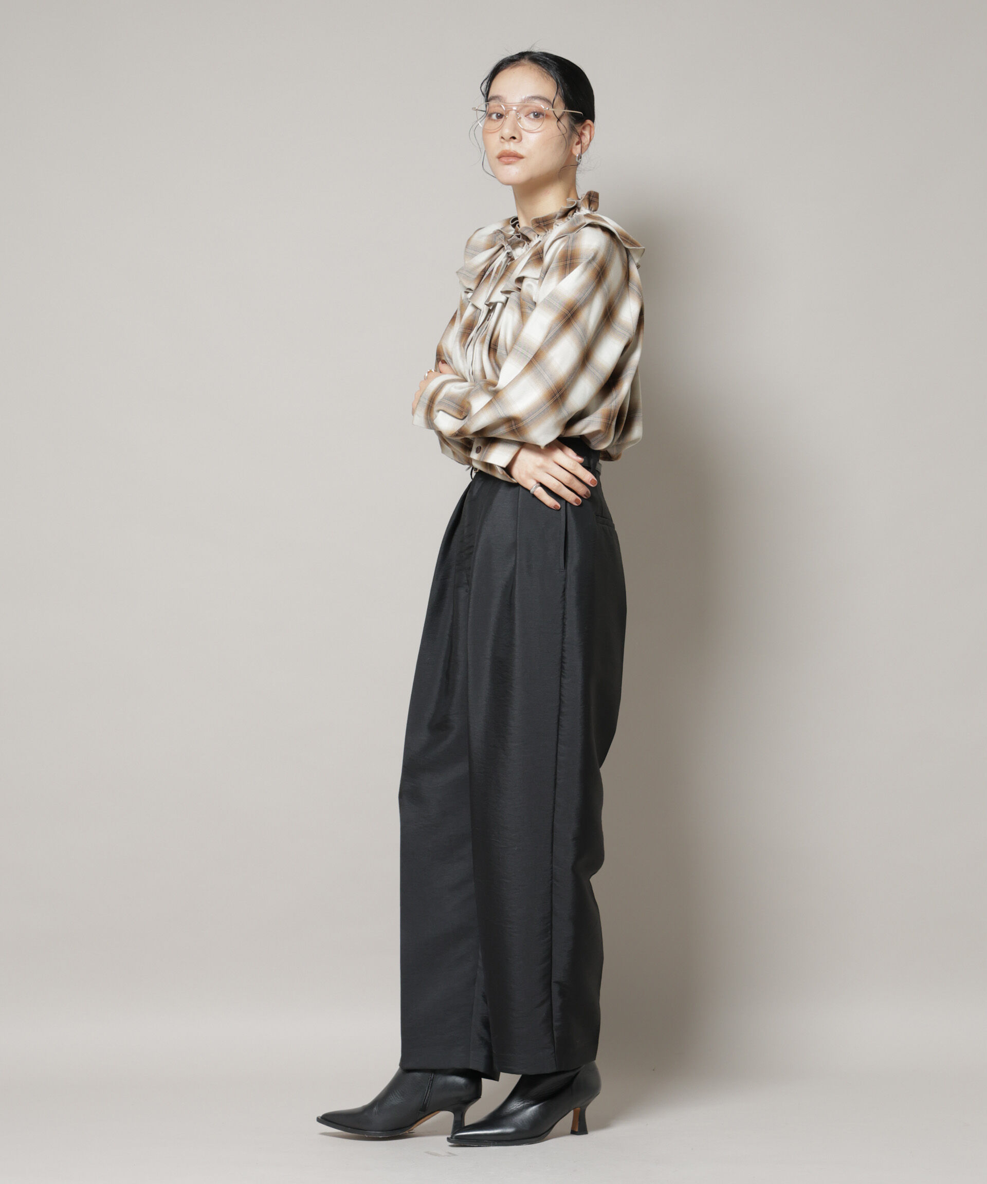 nano･universe「オンブレーチェックフリルカラーブラウス」|シャツ・ブラウス|