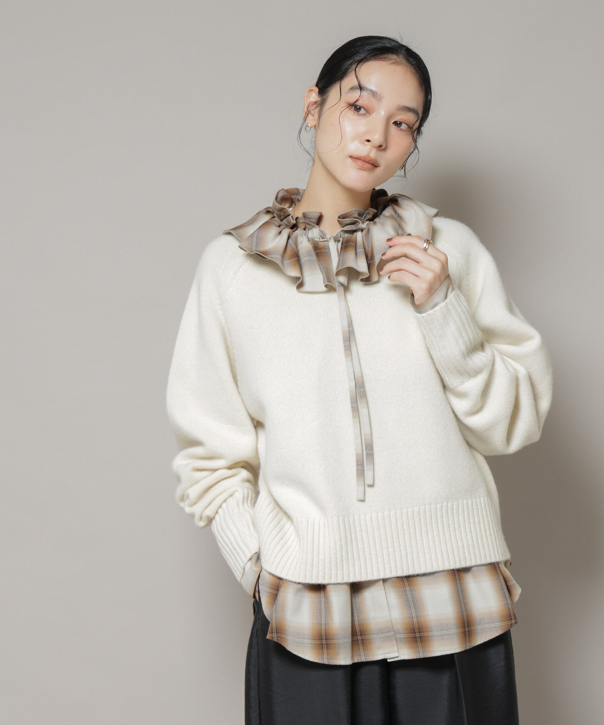 nano･universe「オンブレーチェックフリルカラーブラウス」|シャツ・ブラウス|