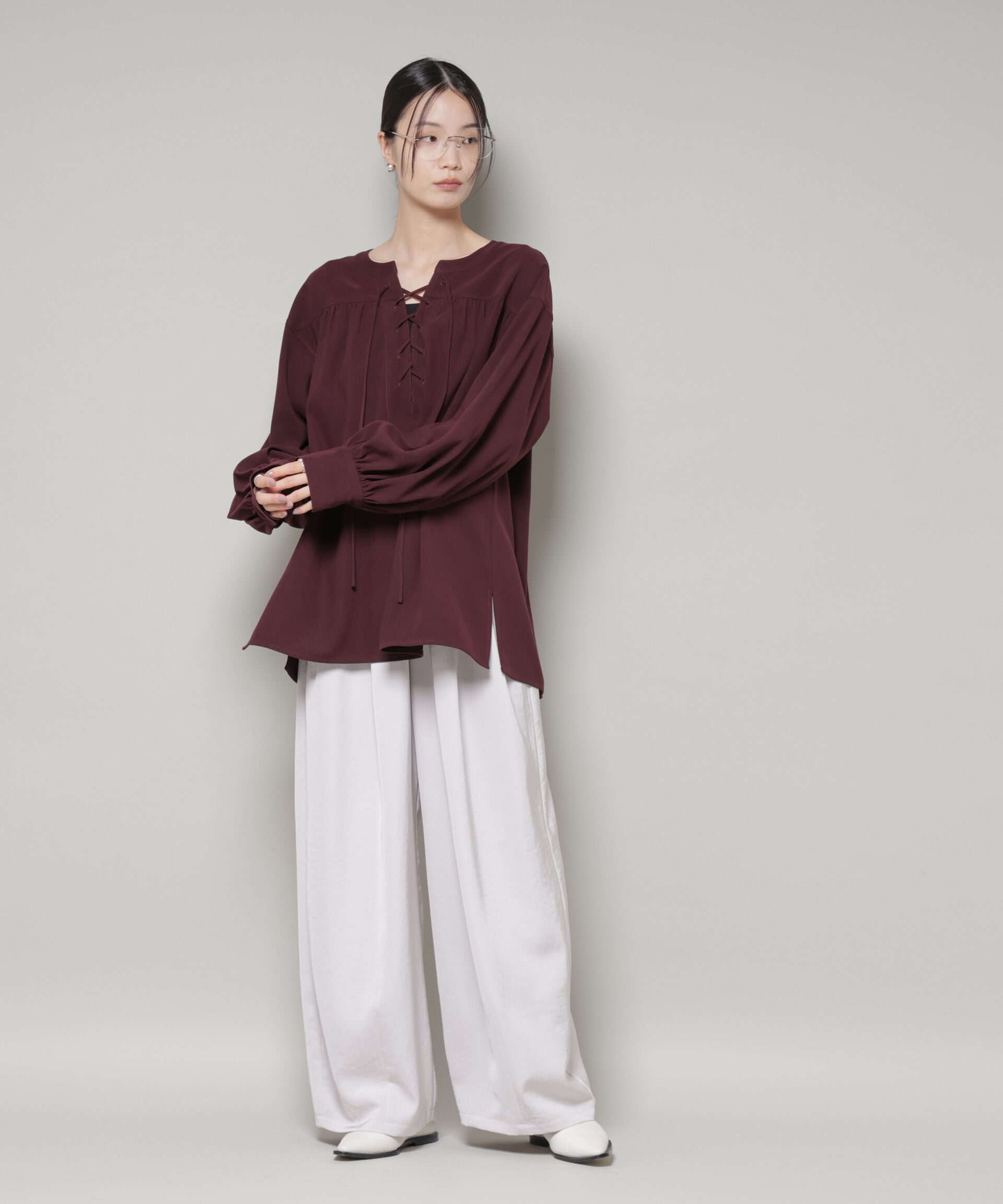 nano･universe「レースアップギャザープルオーバーブラウス」|シャツ・ブラウス|