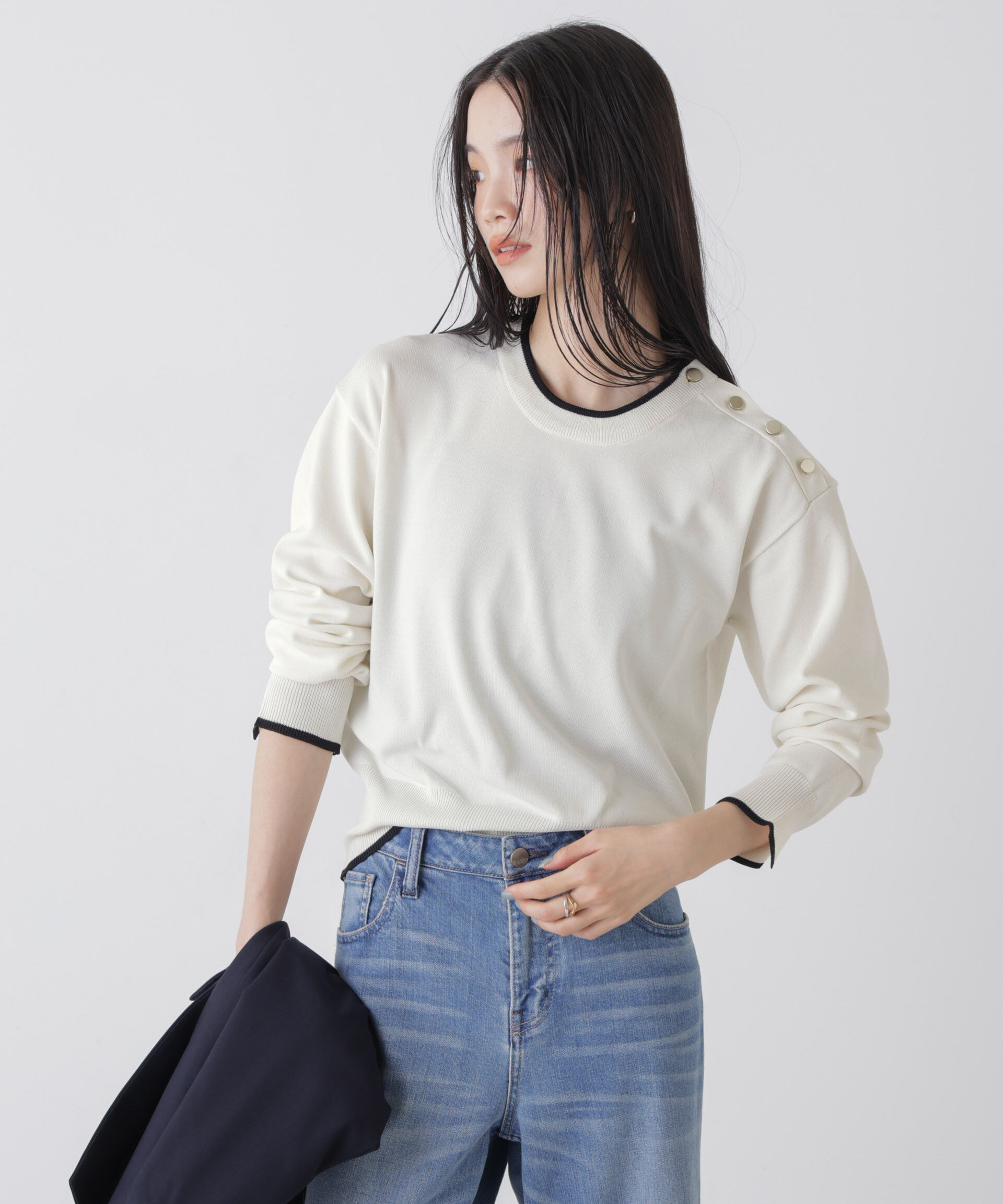 nano･universe「洗濯機洗可UVカットバイカラー釦ディティールニット」|ニット・セーター|