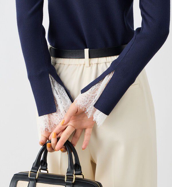 NOLLEY'S sophi「《手洗い可能》袖口レース取り外し可総針スクエアネックプルオーバー」|ニット・セーター|