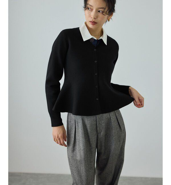ROPE「ウール混ニットペプラムカーディガン/イージーケア・セットアップ対応」|ニット・セーター|ブラック(01)