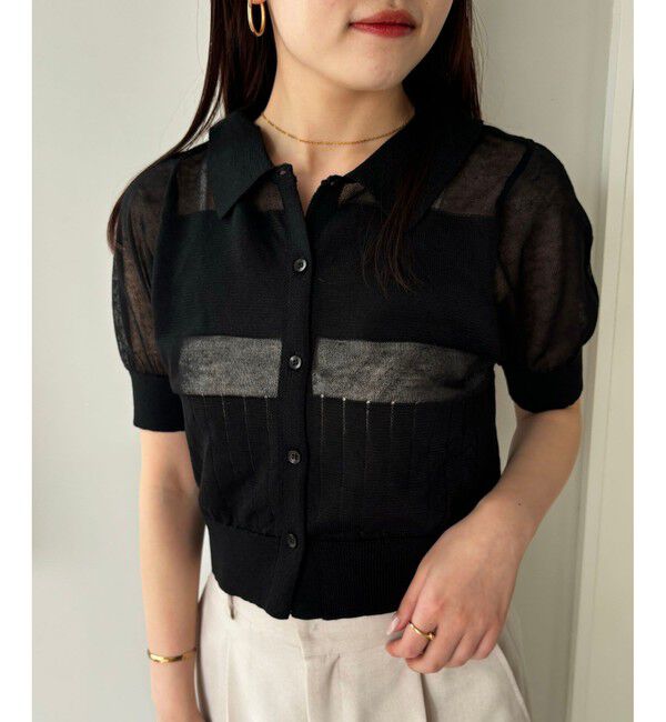 VIS「【WEB限定】シアーボーダーサマーポロニット」|ニット・セーター|ブラック(01)