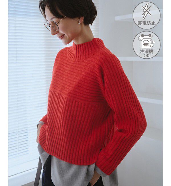 Rope&rsquo;Picnic「もちもちリブ切り替えニットプルオーバー/イージーケア・リンクコーデ」|ニット・セーター|レッド(60)