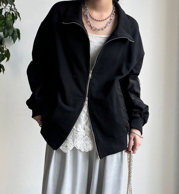  「【WEB限定】異素材切替ダブルジップブルゾン」|ブルゾン・スタジャン|ブラック