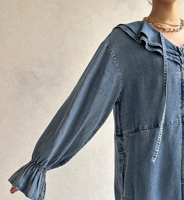  「【WEB限定】フリルデニムオールイーンワン」|ワンピース|