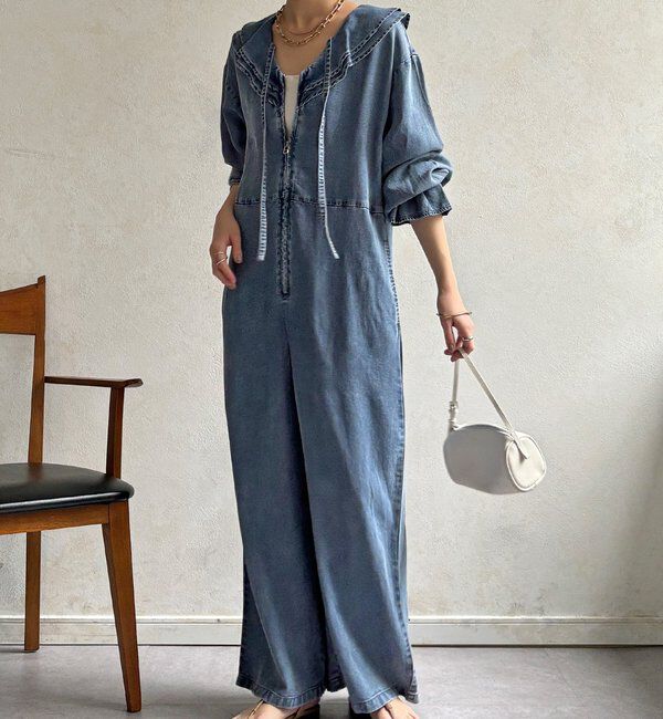  「【WEB限定】フリルデニムオールイーンワン」|ワンピース|