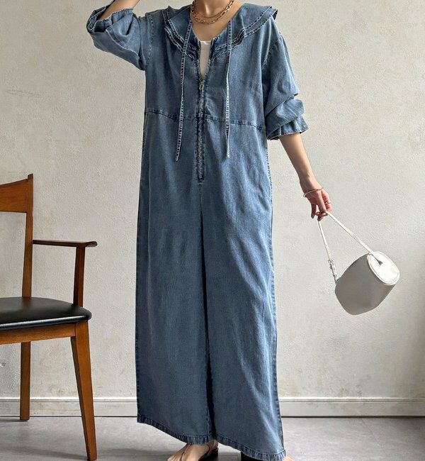  「【WEB限定】フリルデニムオールイーンワン」|ワンピース|