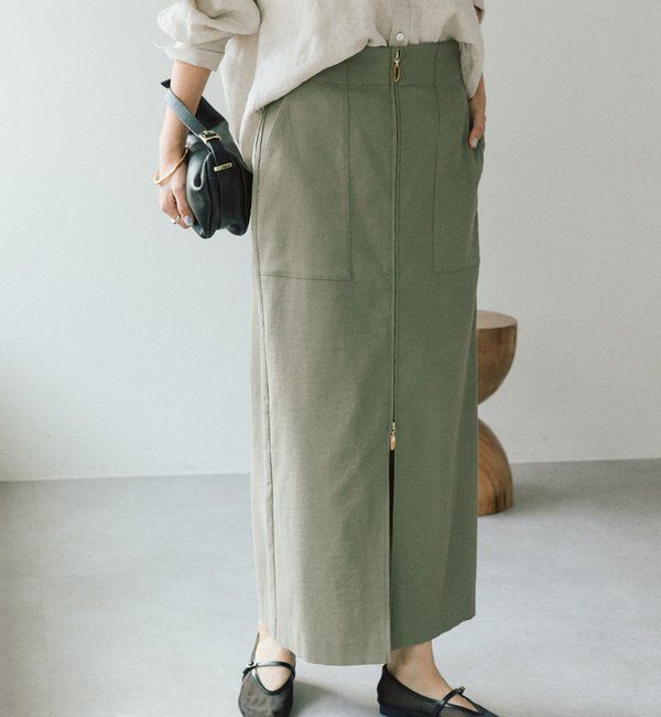  「予約【ウオッシャブル/多機能】フロントZIPタイトスカート」|スカート|カーキ