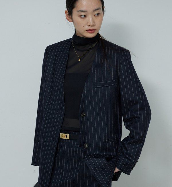  「【セットアップ対応】ストライプノーカラージャケット」|その他|ネイビー