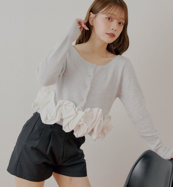  「ねじりフリルデザインラメシャギーカーディガン」|カーディガン|アイボリー