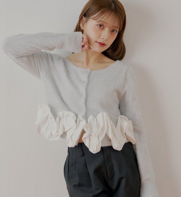  「ねじりフリルデザインラメシャギーカーディガン」|カーディガン|