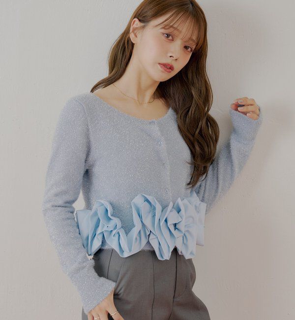  「ねじりフリルデザインラメシャギーカーディガン」|カーディガン|ブルー