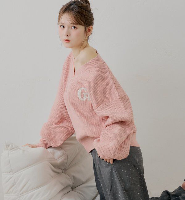  「【セットアップ対応】Vネックルーズニット」|ニット・セーター|ピンク