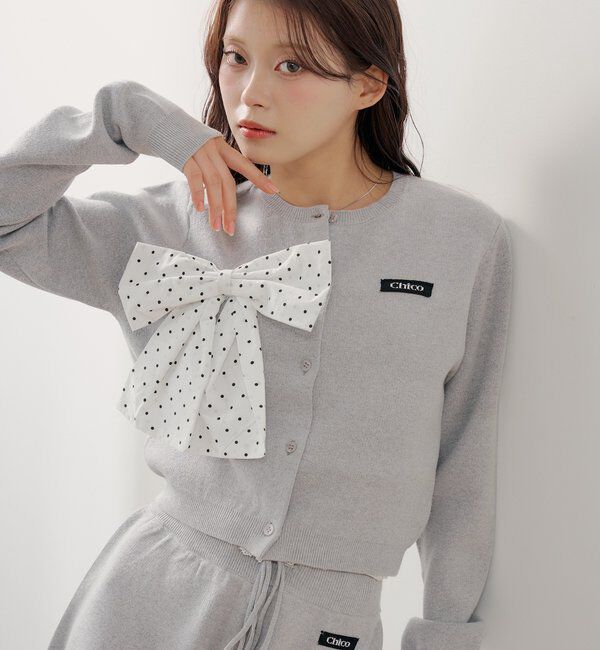  「【セットアップ対応】リボンコンパクトニットカーディガン」|カーディガン|グレー