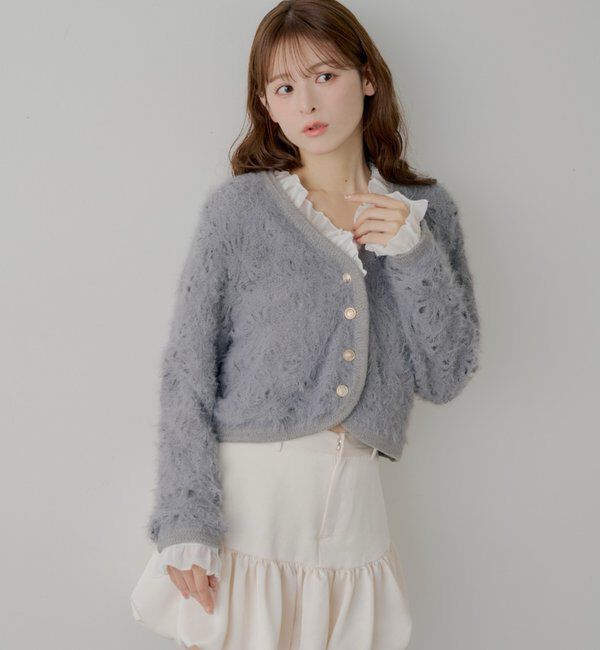  「【SALON by Chico】取り外しフリル襟フラワーニットジャケットカーディ」|カーディガン|